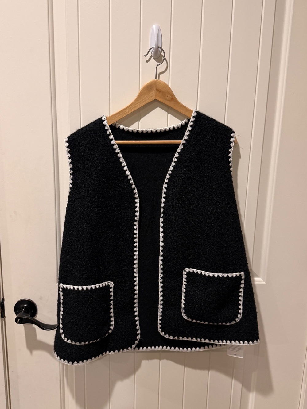 Black Bouclé Vest with White Trim
